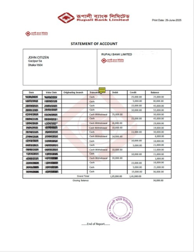 Download Bangladesh Rupali bank statement of account word
